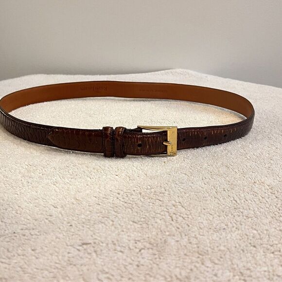 Ralph Lauren Brown Leather Belt Boys L Gold Buckle Church Uniform Animal Print - Picture 3 of 13